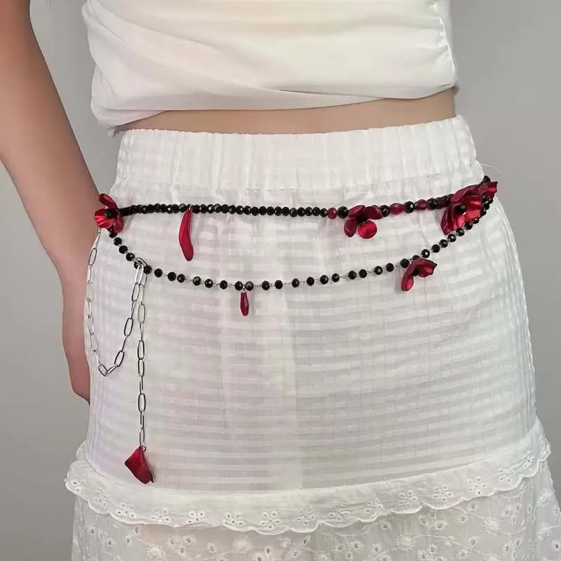 Vintage Red Flower Waist Chain – Women Jewelry Accessories For Black Dress recenzja i cena