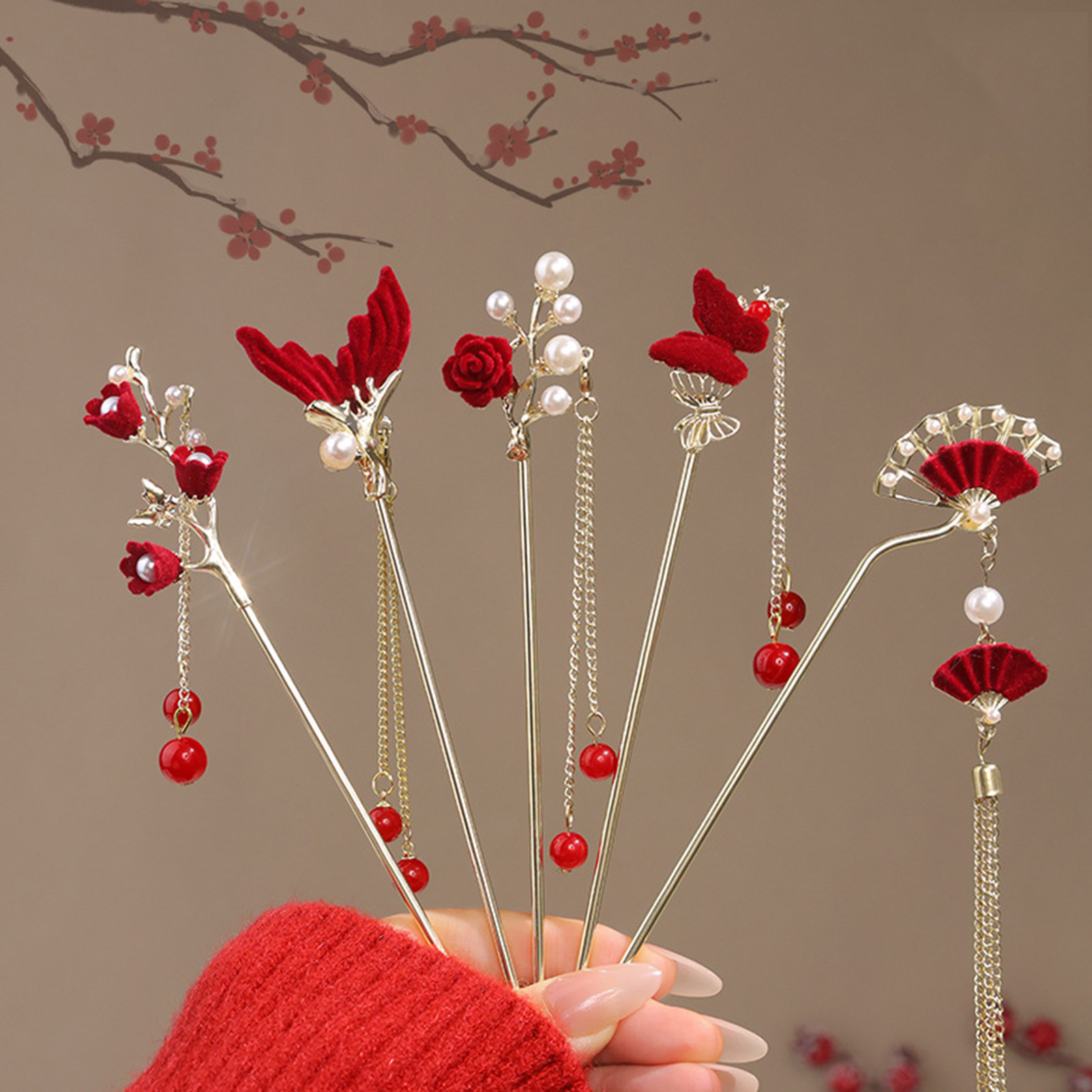 Chinese Style Rose Flower Hair – Women'S Red Accessories recenzja i cena