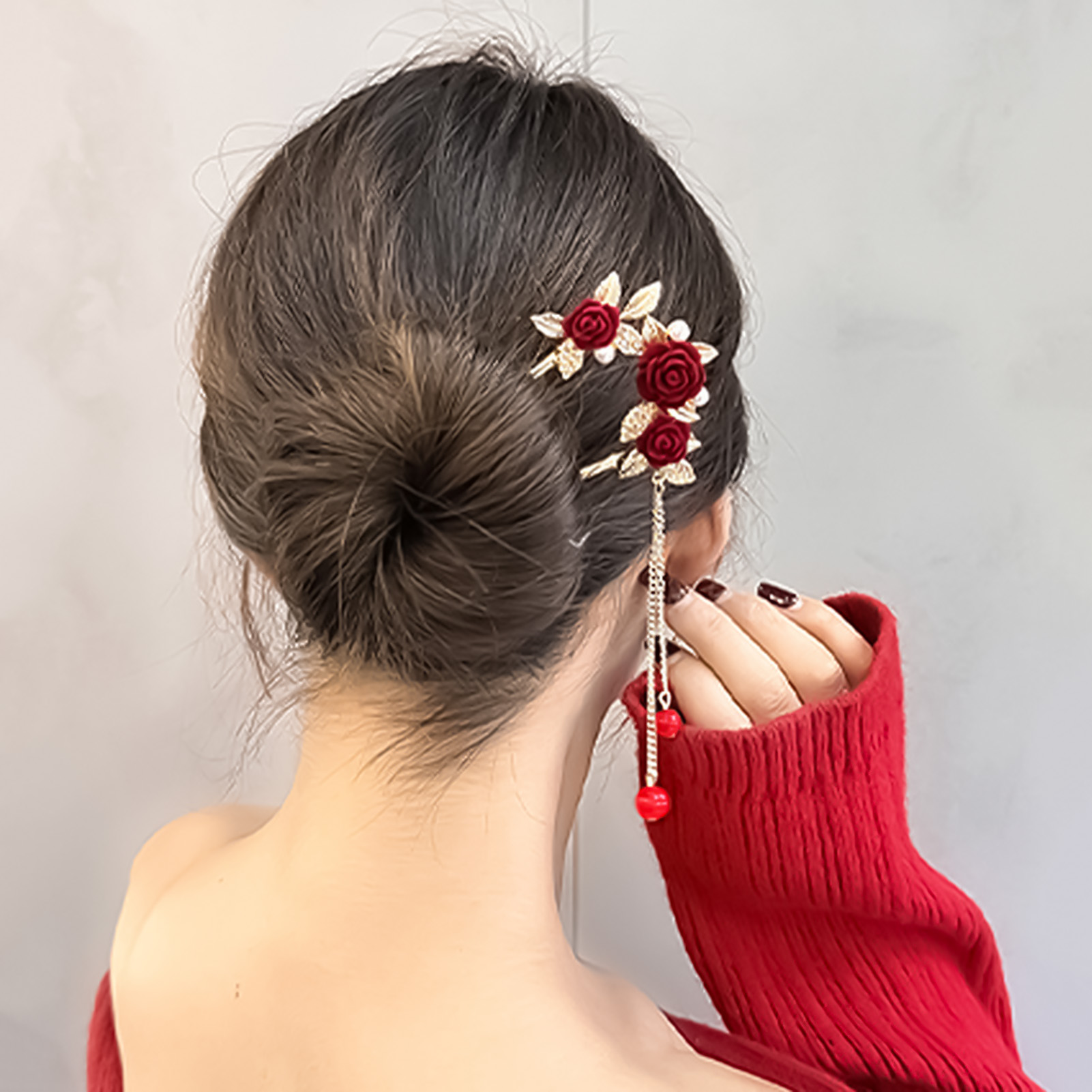 Chinese Style Rose Flower Hair – Women'S Red Accessories recenzja i cena