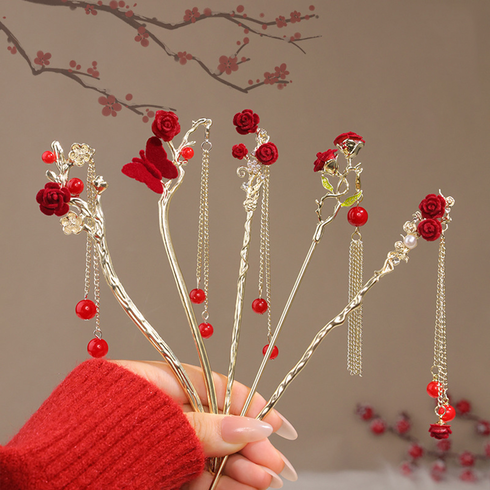 Chinese Style Rose Flower Hair – Women'S Red Accessories recenzja i cena