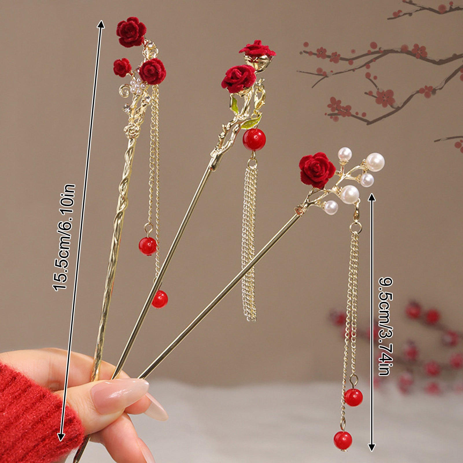 Chinese Style Rose Flower Hair – Women'S Red Accessories recenzja i cena
