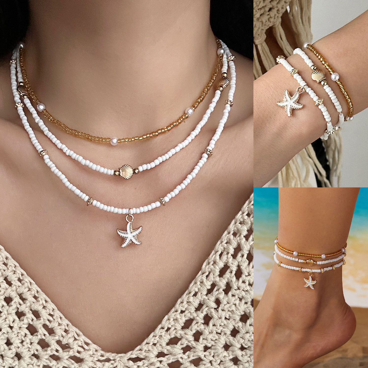 New 3Pcs Beach Jewelry Set Sea – Beaded Anklet Chain recenzja i cena
